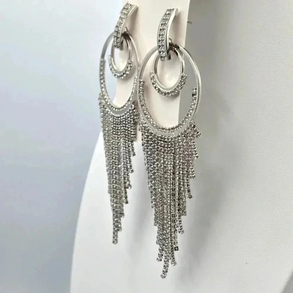 Rhinestone Silver Circle Fringe Dangle Long Earrings Fashion Jewelry Medium E38 - Picture 2 of 3
